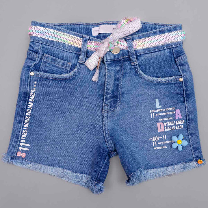 Blue Denim Girls Shorts with Sequin Waistband Front View