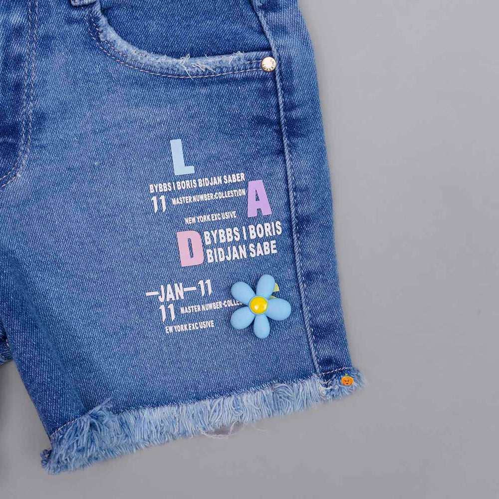 Blue Denim Girls Shorts with Sequin Waistband Close Up View