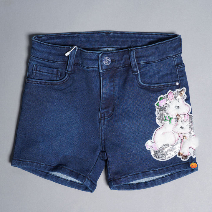 Jeans Shorts for Girls with Unicorn Design Front View