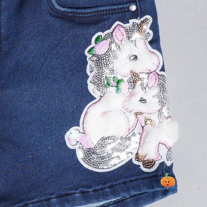 Jeans Shorts for Girls with Unicorn Design Close Up View
