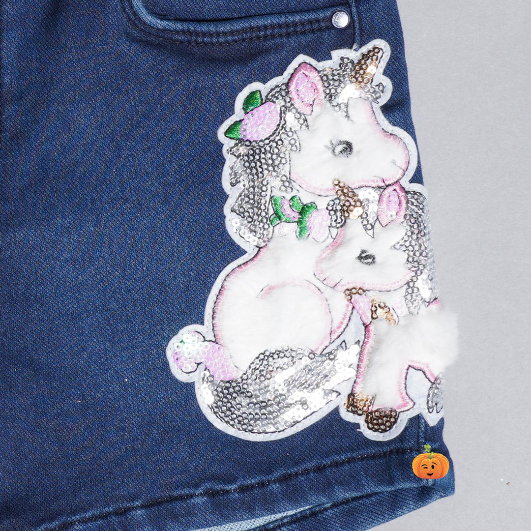 Jeans Shorts for Girls with Unicorn Design Close Up View
