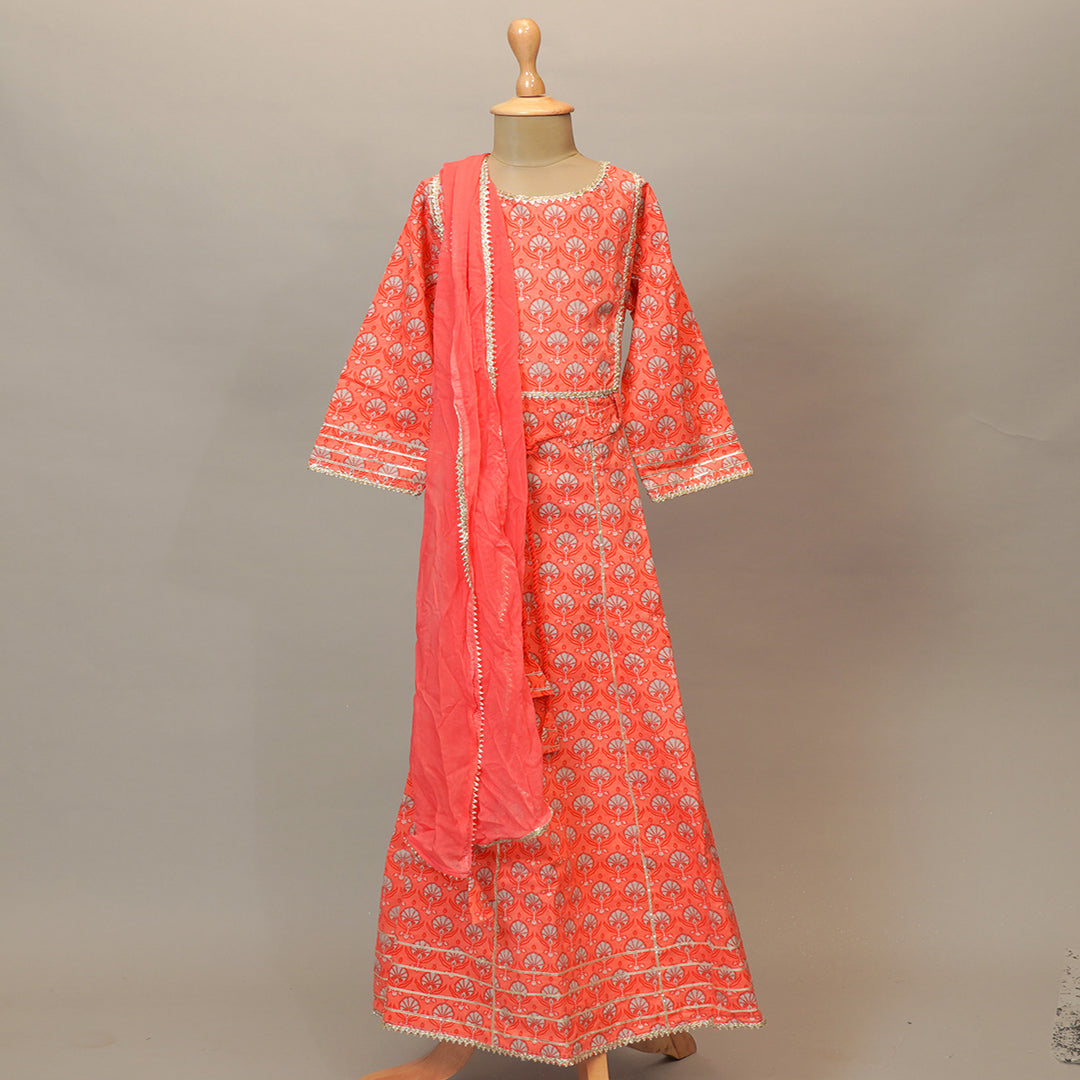 Tomato Printed Girls Gown with Dupatta Front View