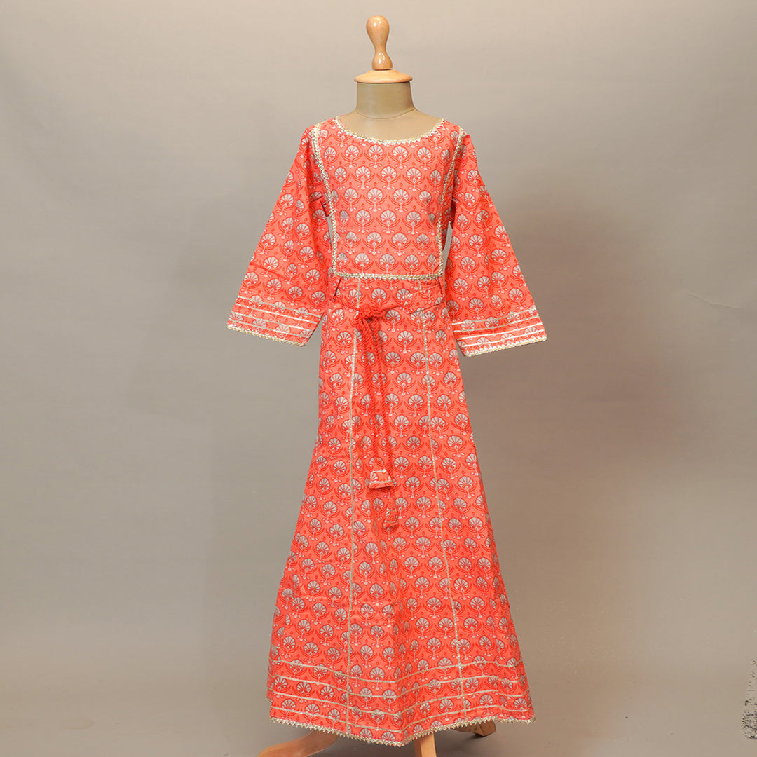 Tomato Printed Girls Gown with Dupatta Front View