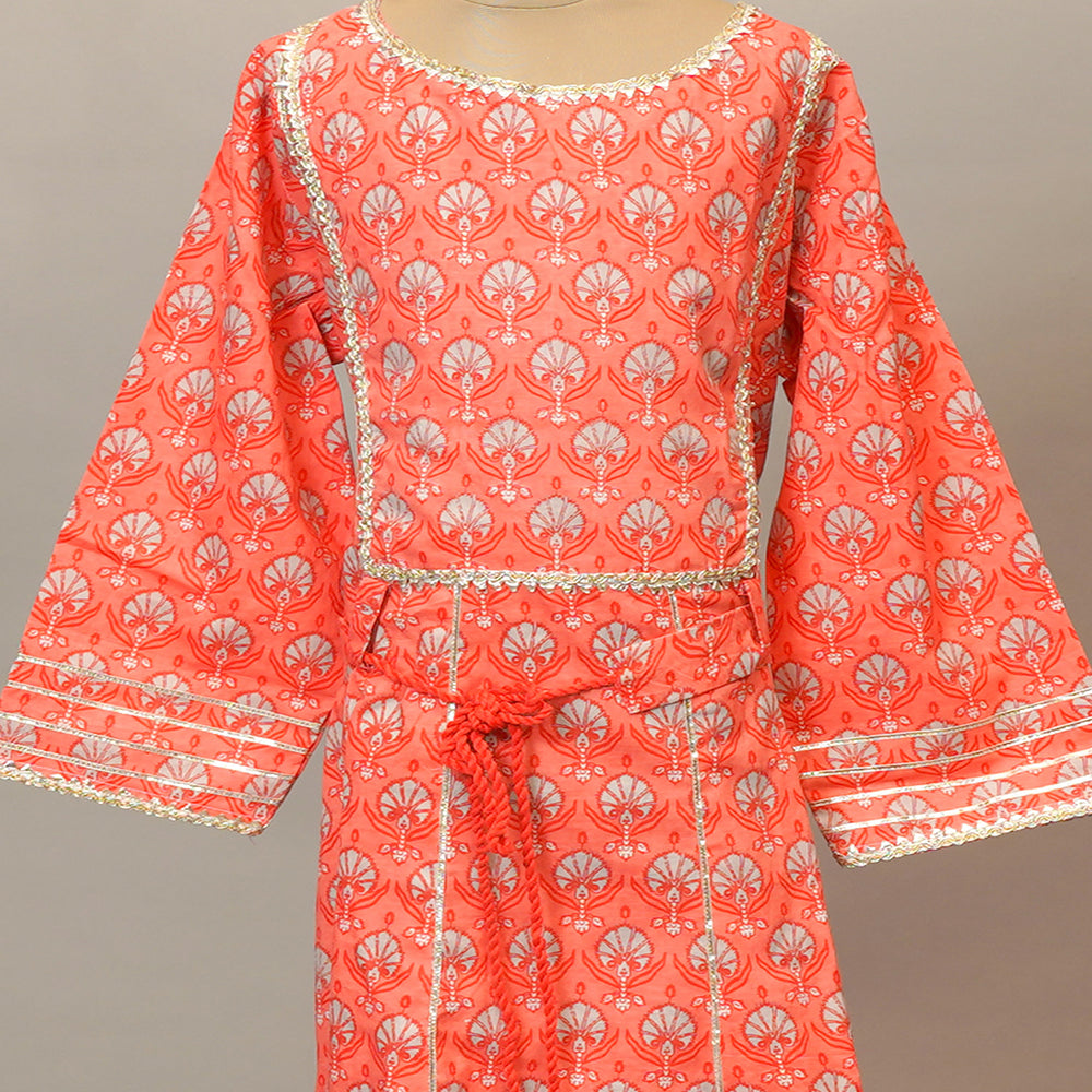 Tomato Printed Girls Gown with Dupatta Close Up View