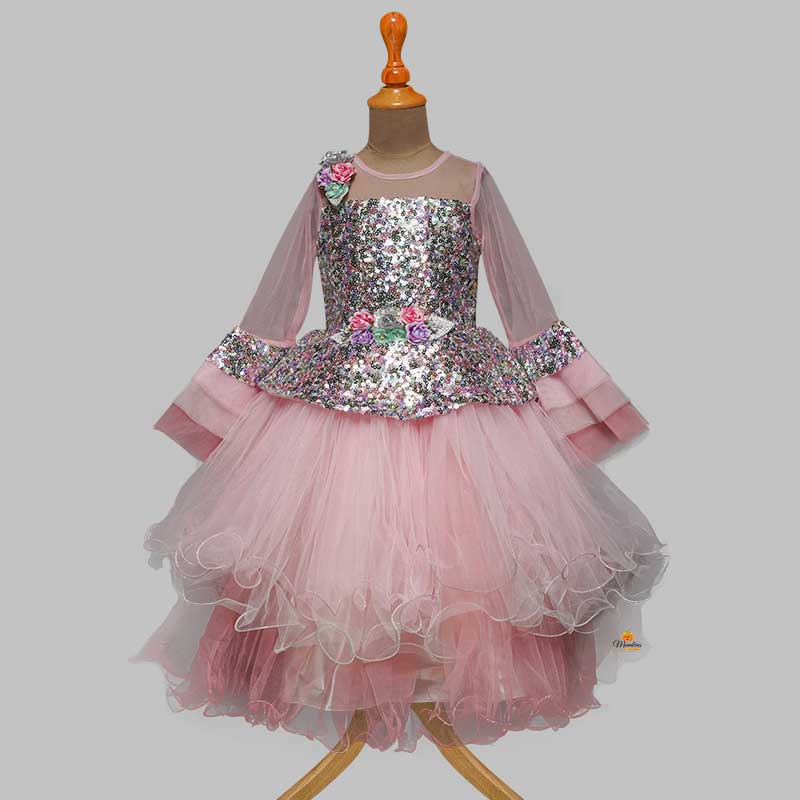  Pink Sequin Gown for Girls Front View