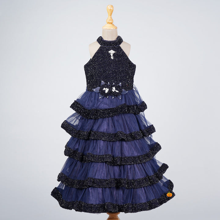 Wine & Navy Blue Layered Girls Gown Front View