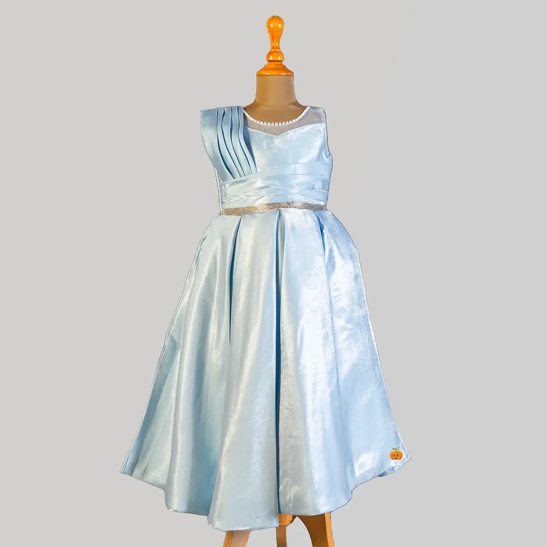 Sky Blue Shiny Girls Gown Front View