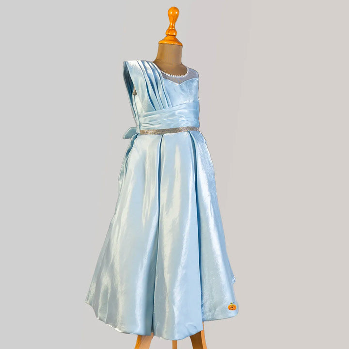 Sky Blue Shiny Girls Gown Side View