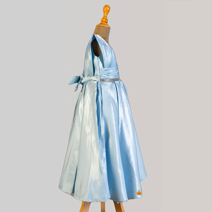 Sky Blue Shiny Girls Gown Side View