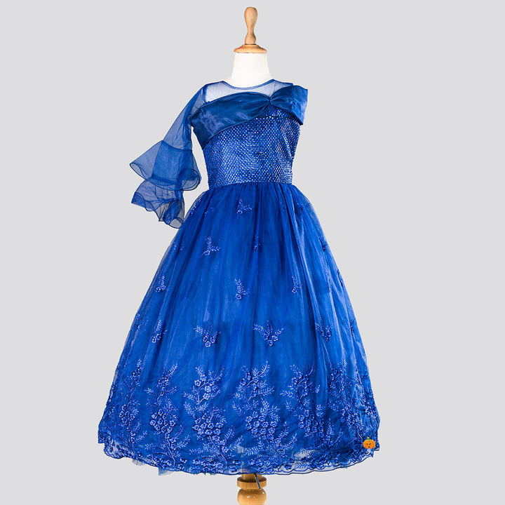 Blue One Sided Flamenco Sleeve Girls Gown Front View