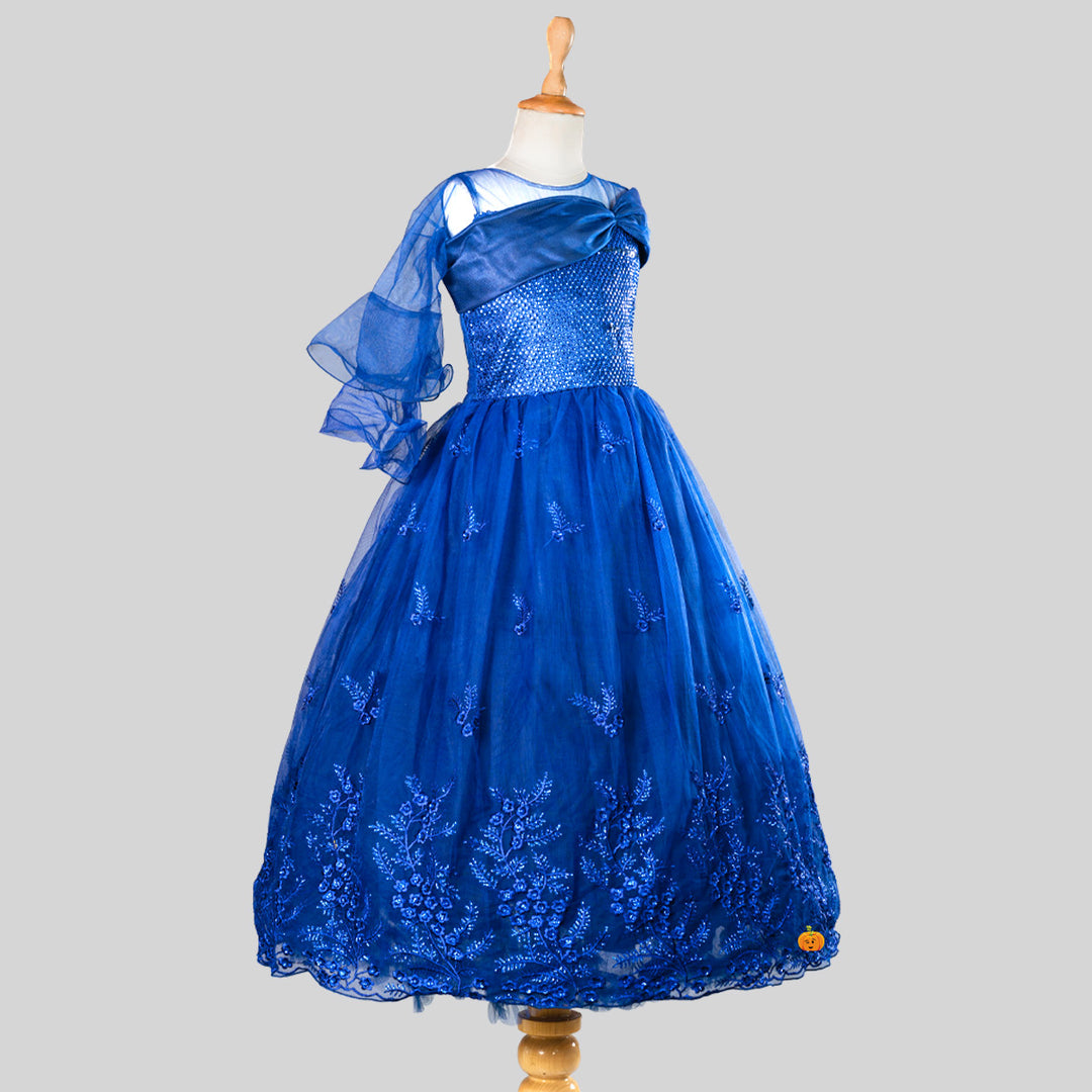 Blue One Sided Flamenco Sleeve Girls Gown Side View