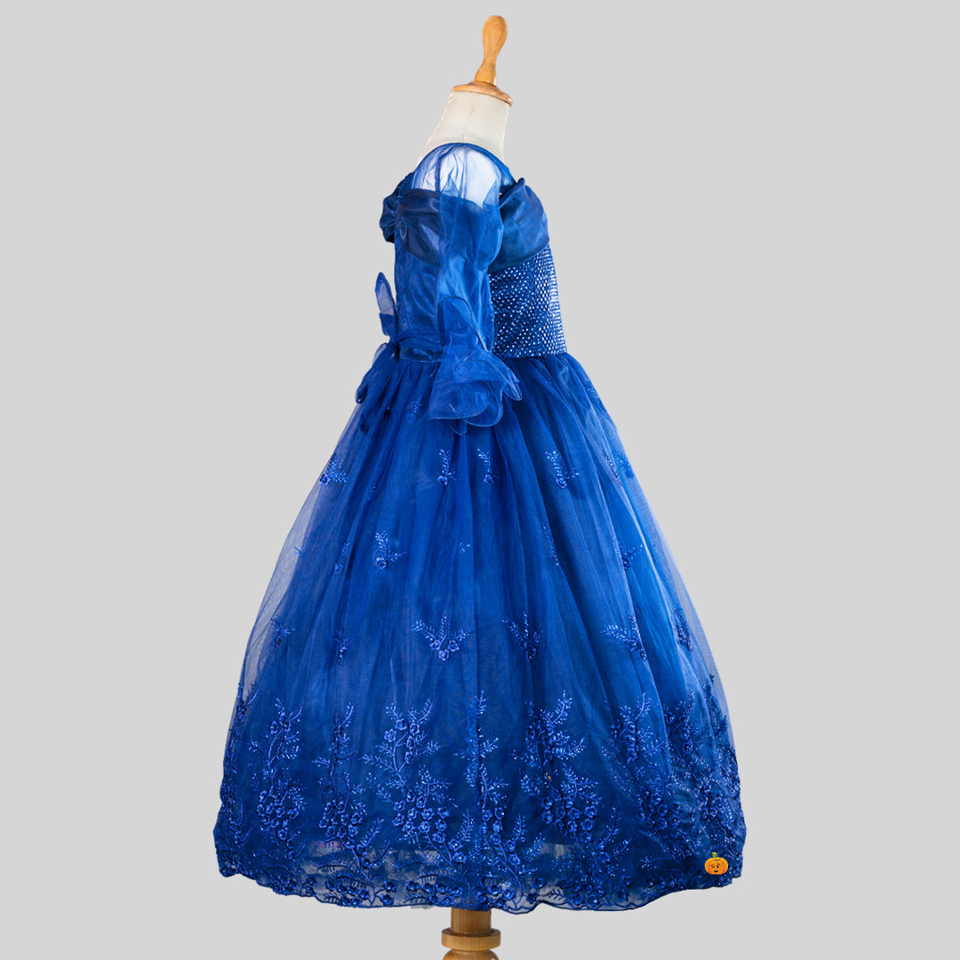 Blue One Sided Flamenco Sleeve Girls Gown Side View