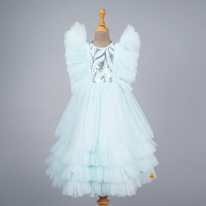 Turquoise Frill Sleeves Girlish Gown Front View
