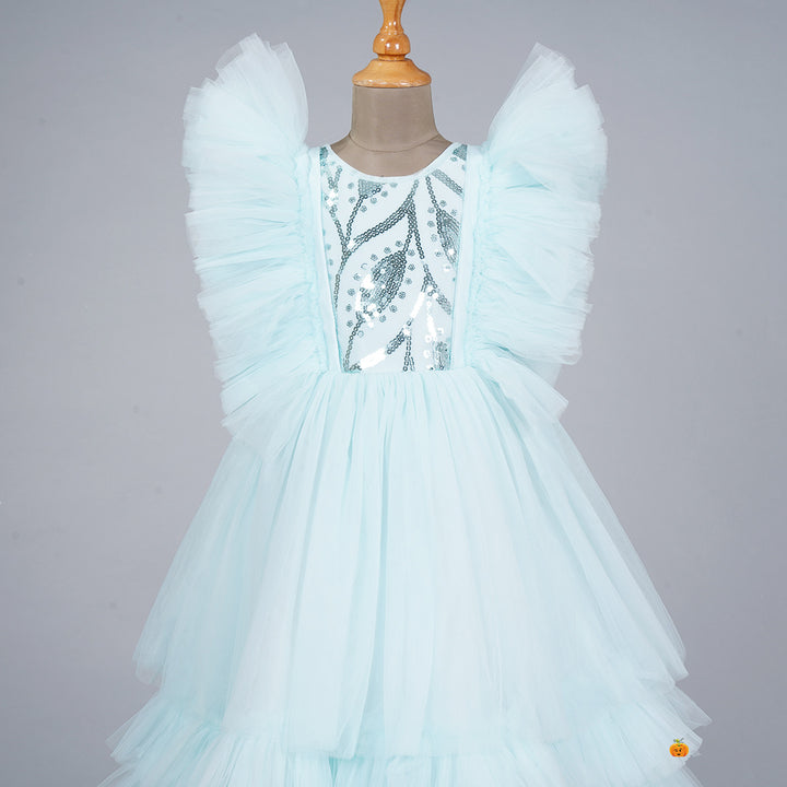 Turquoise Frill Sleeves Girlish Gown Close Up View