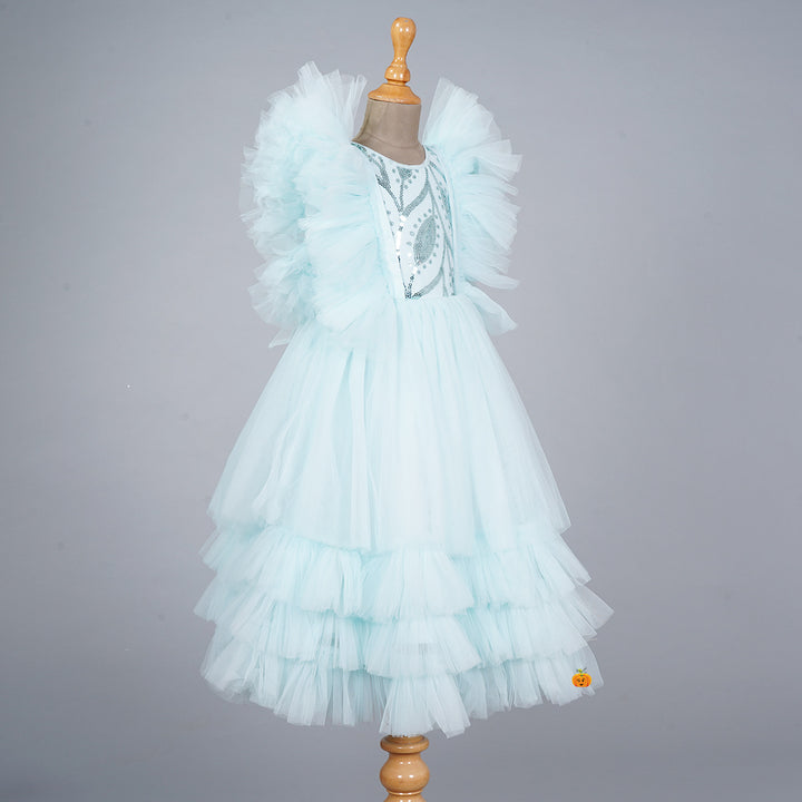 Turquoise Frill Sleeves Girlish Gown Side View