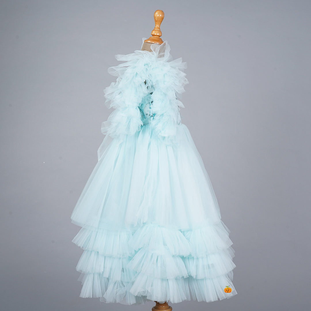 Turquoise Frill Sleeves Girlish Gown Side View