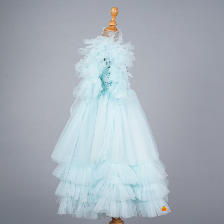 Turquoise Frill Sleeves Girlish Gown Side View