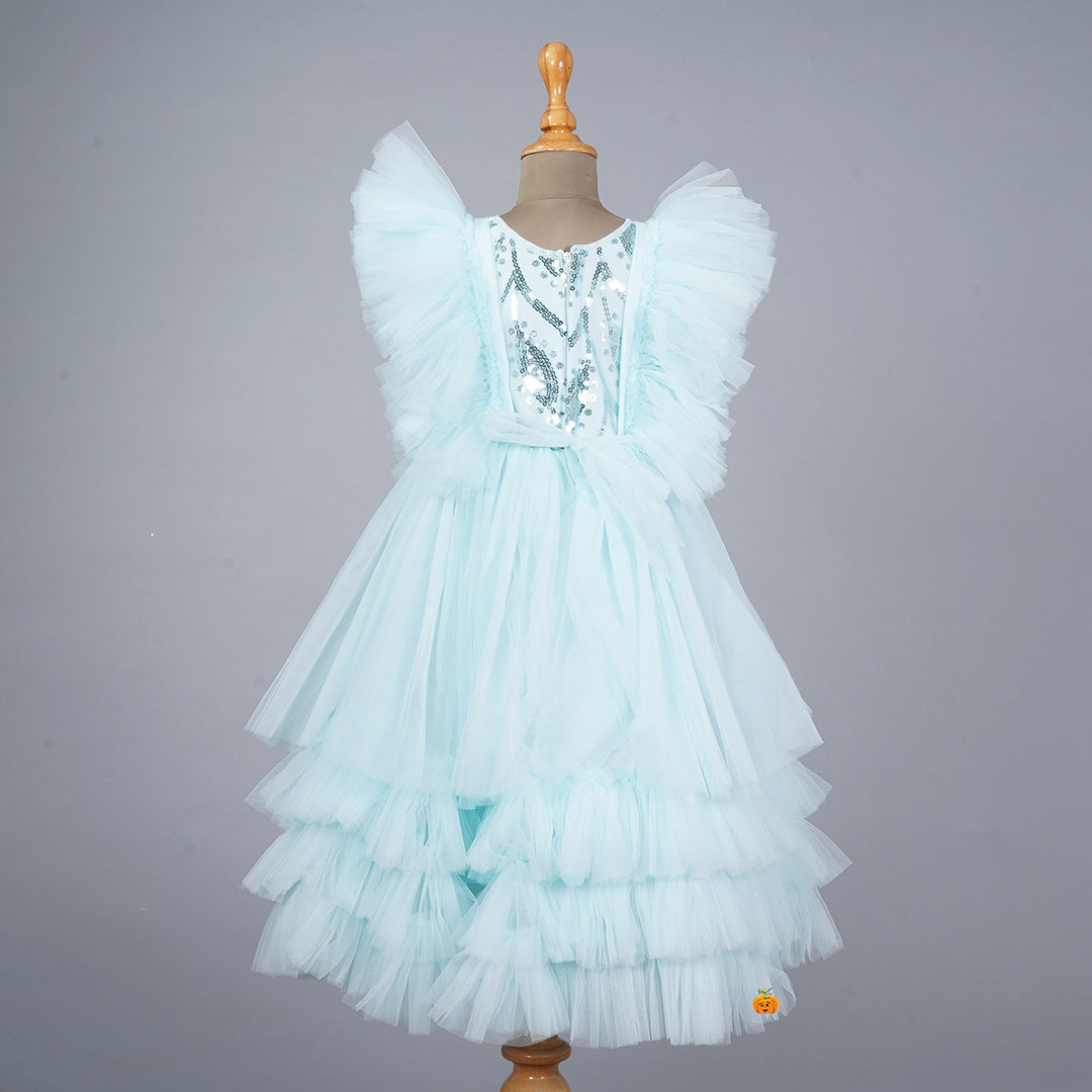 Turquoise Frill Sleeves Girlish Gown Back View