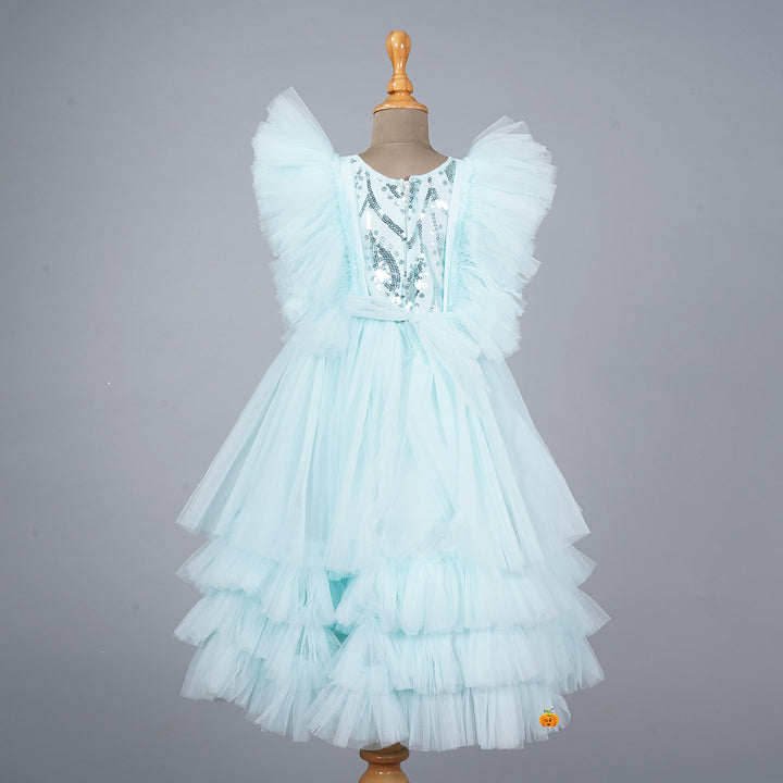 Turquoise Frill Sleeves Girlish Gown Back View