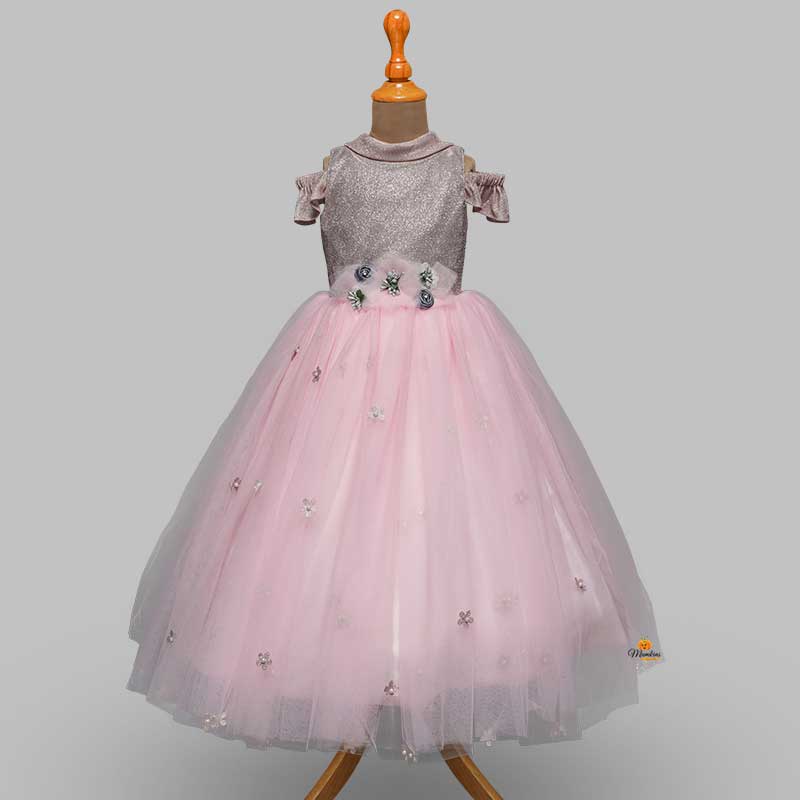 Pink Glittery Long Kids Gown Front View