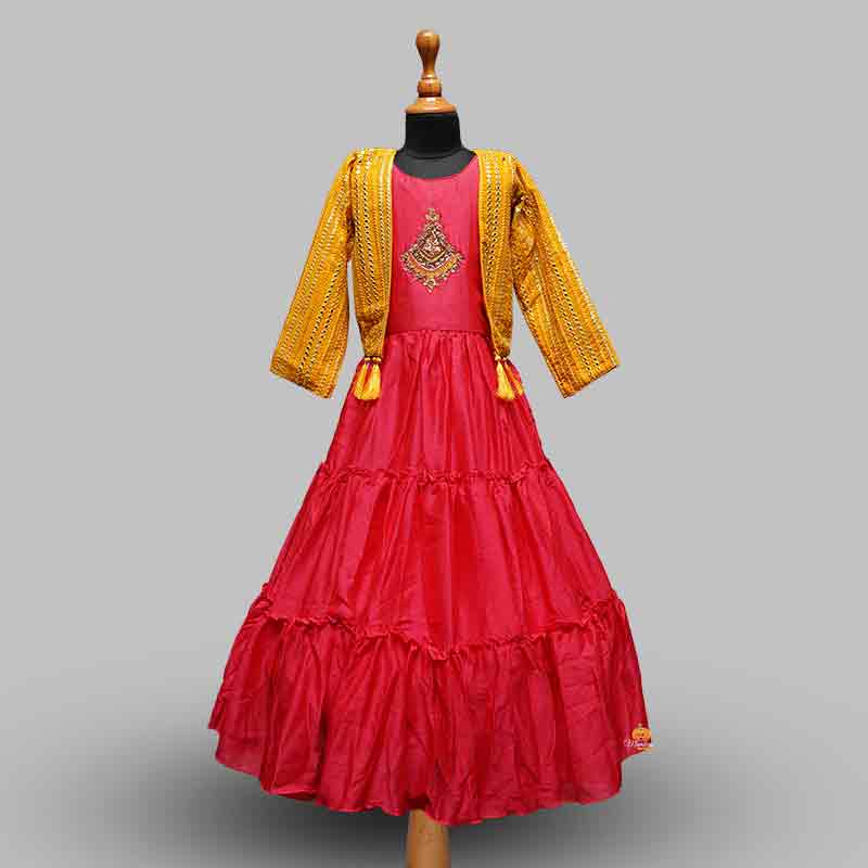 Tomato Embroidered Girls Gown with Jacket Front View