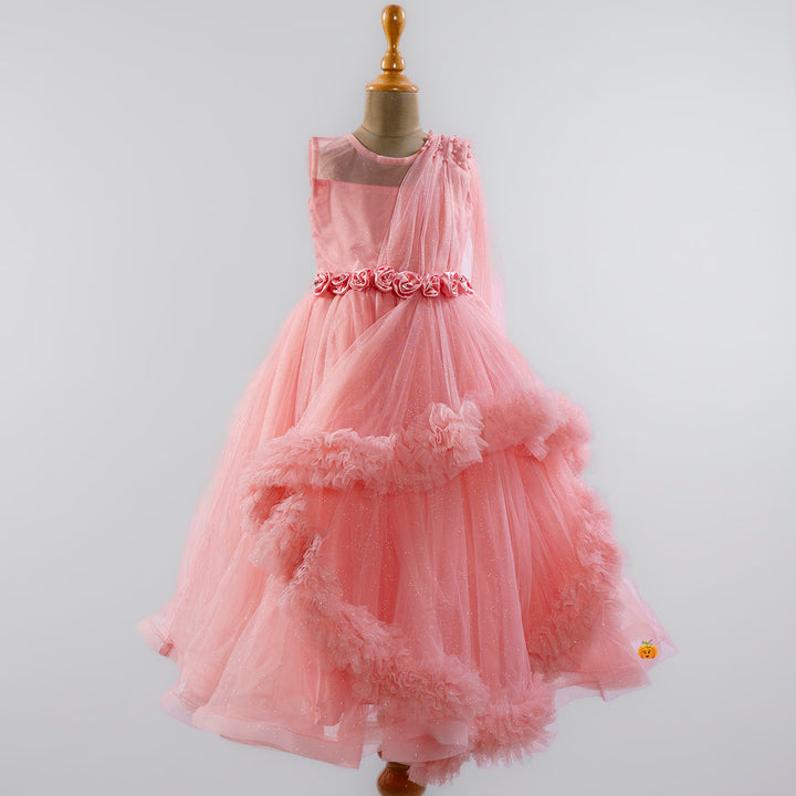 Peach Girls Gown with One Side Frill Front View
