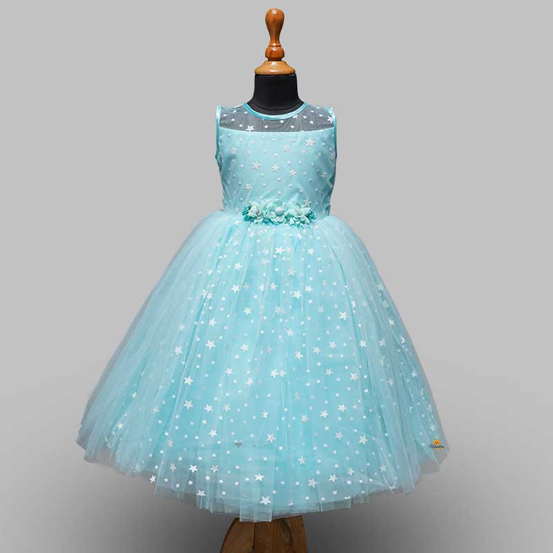 Peach & Turquoise Long Gown For Kids Front View