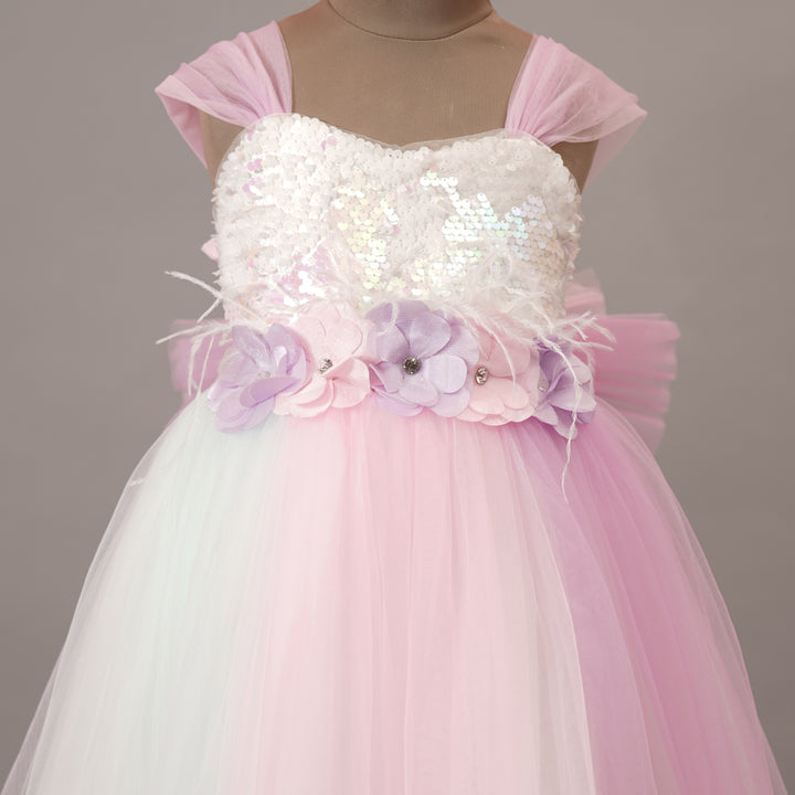 Party Wear Girlish Gown with Sequin & Flower Design Close Up View