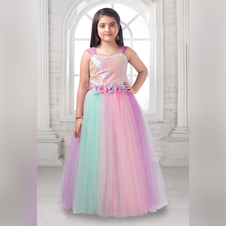 Party Wear Girlish Gown with Sequin & Flower Design Front View