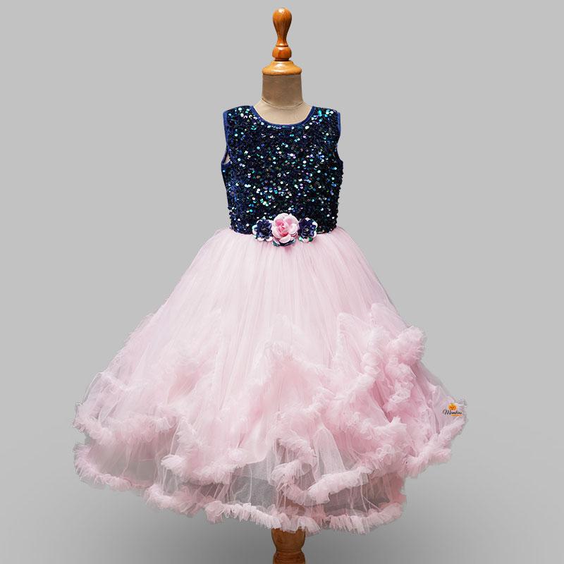 Blue Sequin & Frill Gown for Girls Front View