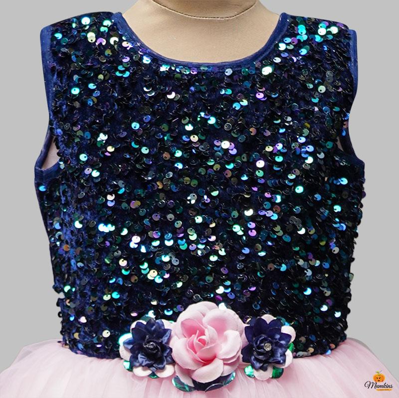 Blue Sequin & Frill Gown for Girls Close Up View
