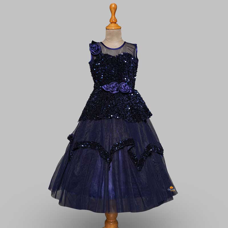 Blue Gown For Kids With Elegant Sequins Front View
