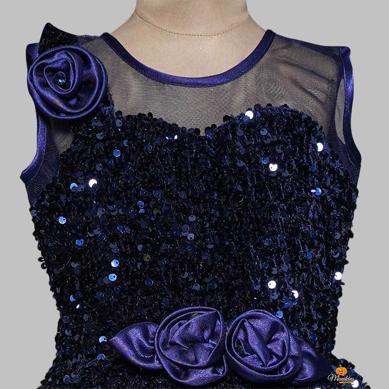 Blue Gown For Kids With Elegant Sequins Close Up View