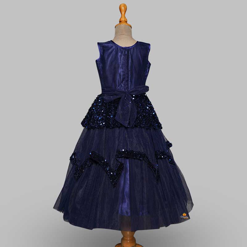 Blue Gown For Kids With Elegant Sequins Back View