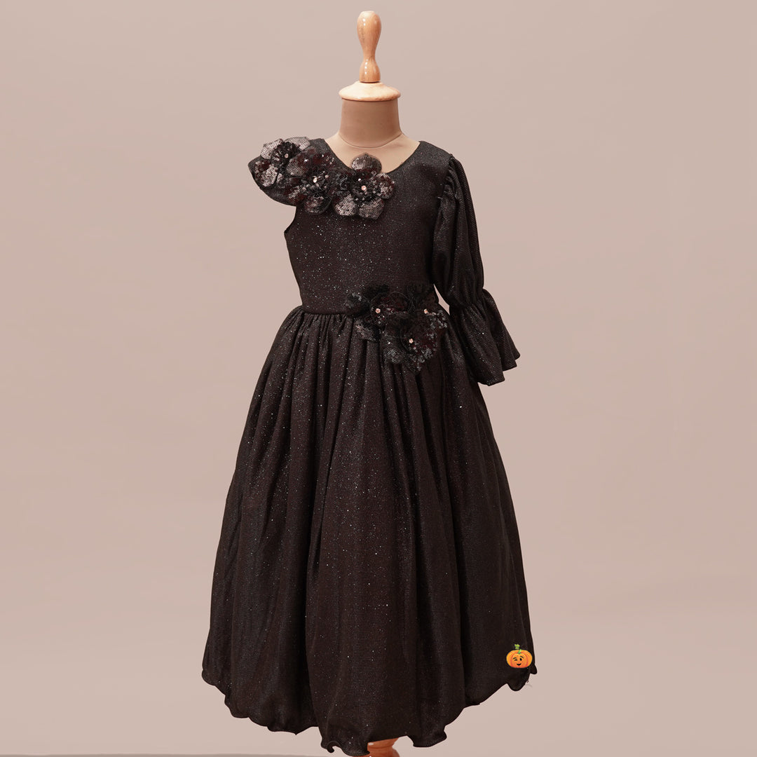 Black One Sleeve Party Wear Girls Gown Front View