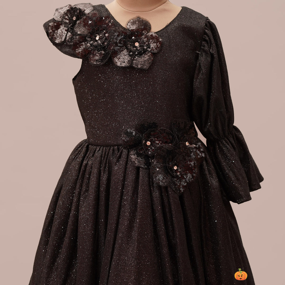 Black One Sleeve Party Wear Girls Gown Close Up View