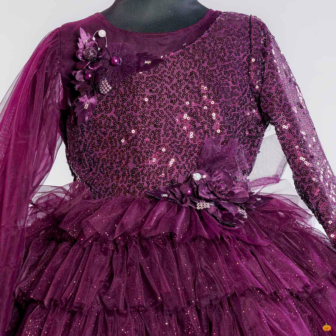 Wine Sequin Layered Gown for Girls Close Up View