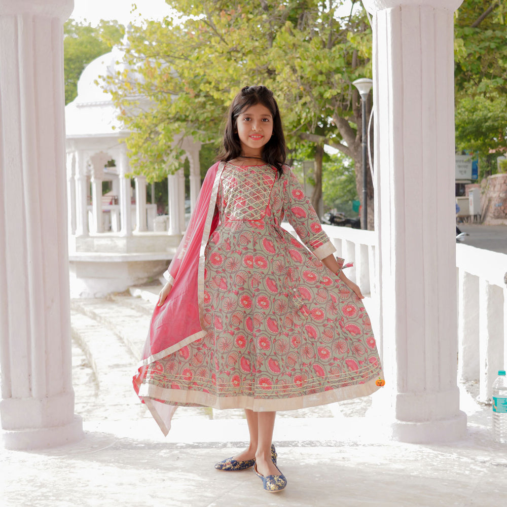 Green Floral Print Gown for Girls Front View Model