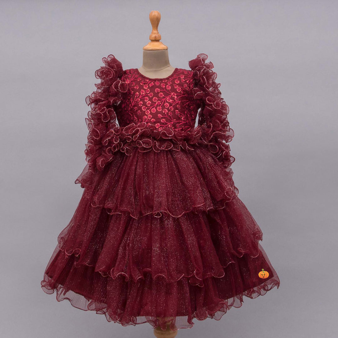 Maroon Layered Girls Gown Front View