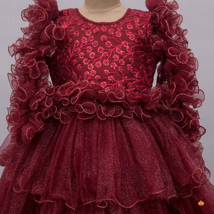 Maroon Layered Girls Gown Close Up View