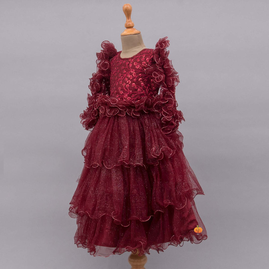 Maroon Layered Girls Gown Side View