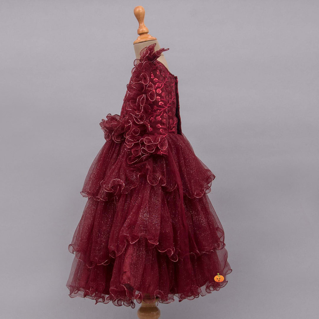 Maroon Layered Girls Gown Side View