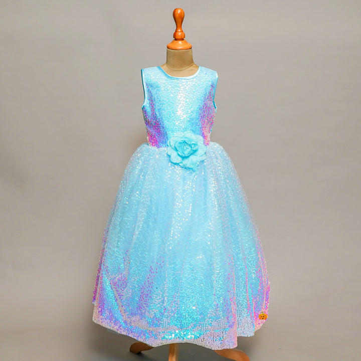 Turquoise Shimmering Sequin Girls Gown Front View