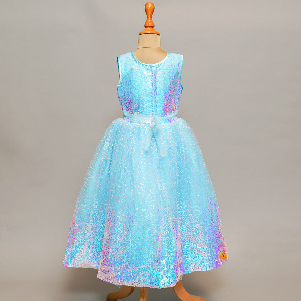 Turquoise Shimmering Sequin Girls Gown Back View