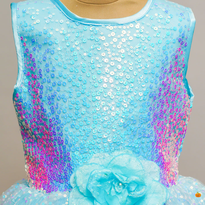 Turquoise Shimmering Sequin Girls Gown Close Up View