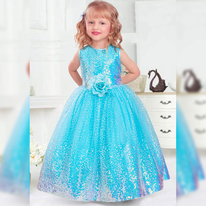 Turquoise Shimmering Sequin Girls Gown Model Front View