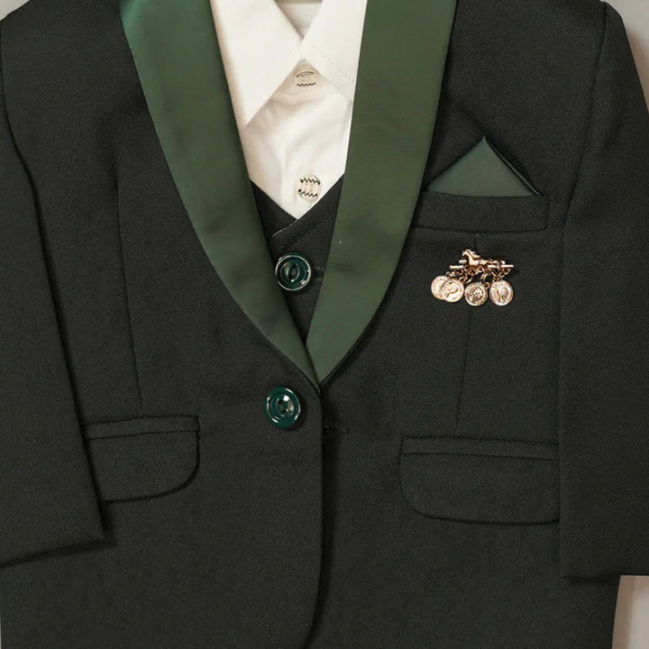 Green Party Wear Boys Tuxedo with Waistcoat Close Up View