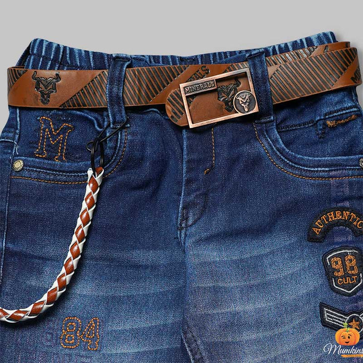 Blue Jeans for Boys with Belt & Stylish Rope Close Up View