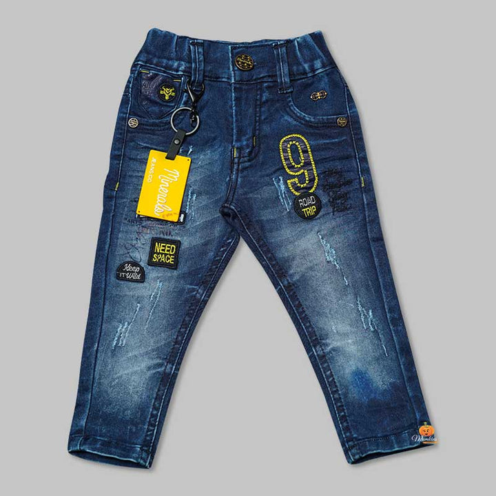 Blue Jeans for Boys with Yellow Side Badge Front View