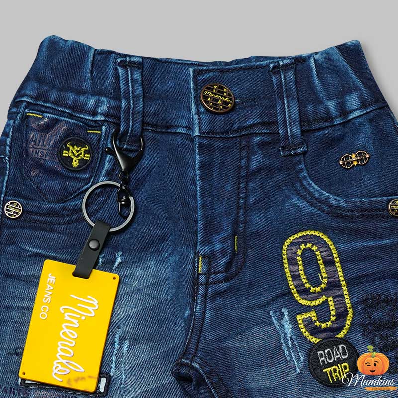 Blue Jeans for Boys with Yellow Side Badge Close Up View
